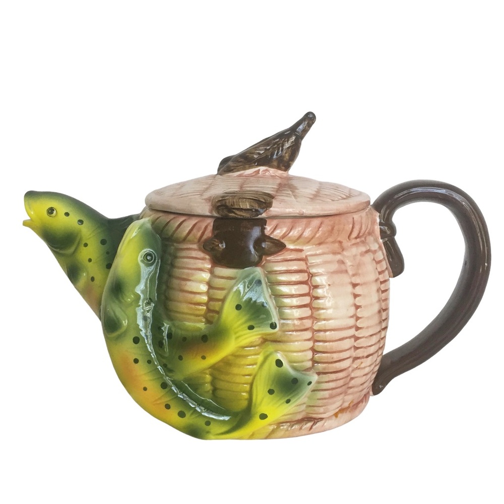 Vintage Ceramic Fishing Basket Teapot